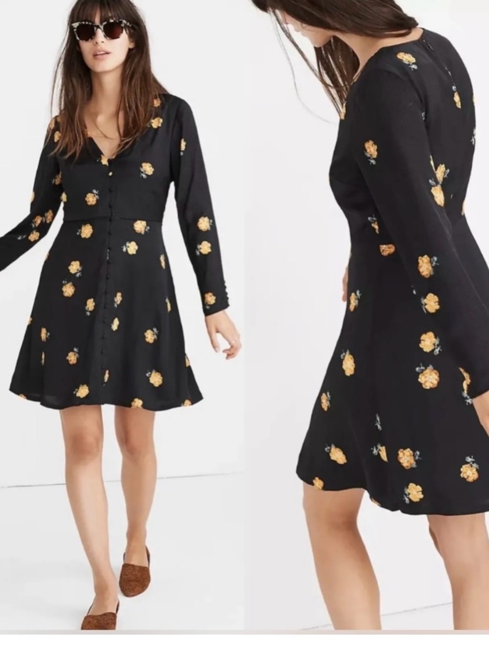 Madewell Black Long-Sleeve Floral Button-Up Dress with Yellow Blossoms